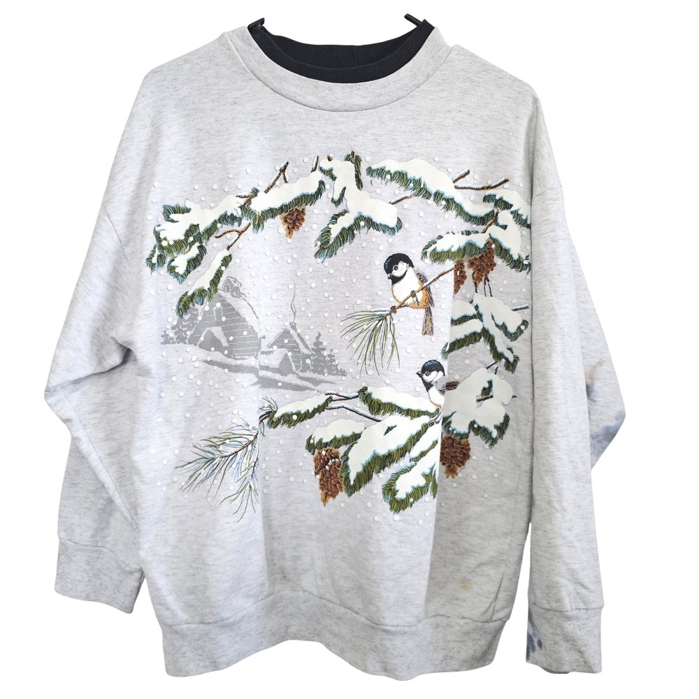 Vintage NutCracker Chickadee Bird Winter Scene Sweatshirt Gray Large Made in USA